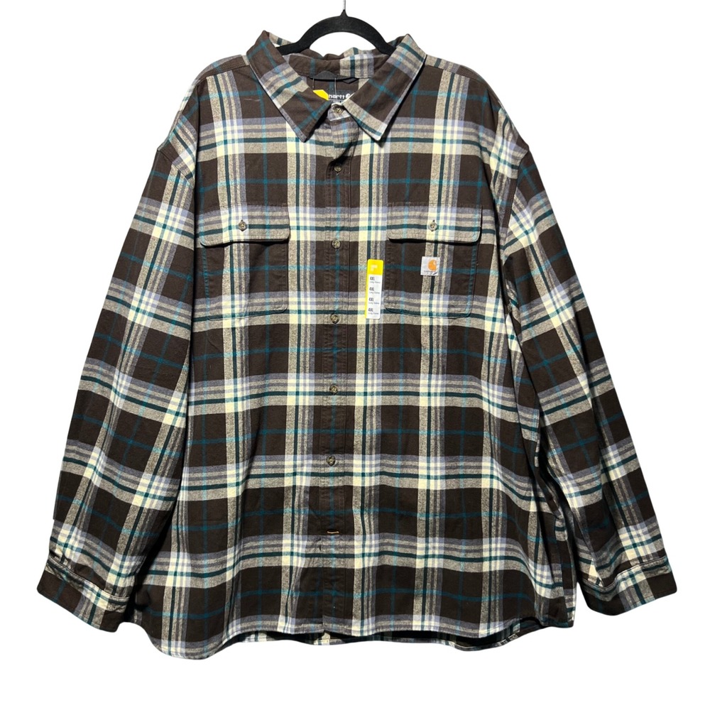 Carhartt Mens 4XL Loose Fit Heavyweight Flannel Plaid Shirt Dark‎ Brown